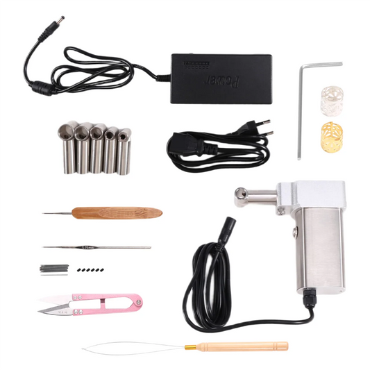 Collection of dreadlock-making tools and equipment on a white background