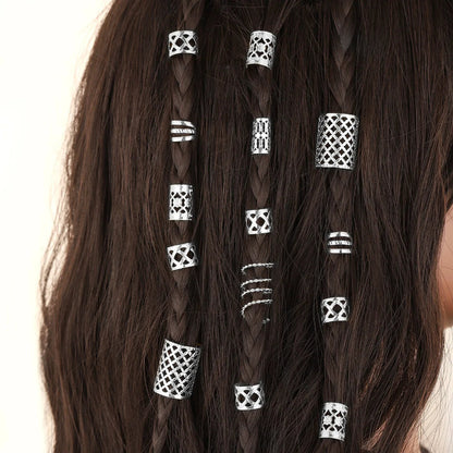 Silver hair beads and rings for dreadlocks styled in braided hair extensions