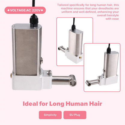 dreadlock making machine for long human hair with specifications on a pink background