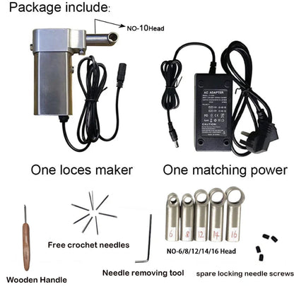 Packaged items included in the electric dreadlock machine that includes the loc maker, power cord, wooden handle crochet hook, crochet needles and locking heads.