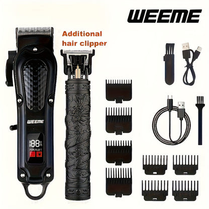 Weeme hair clipper set with attachments and charging cable on a white background