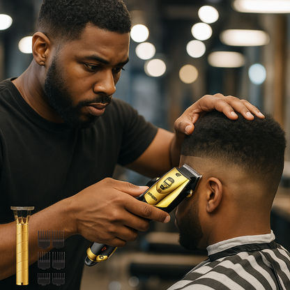 Black barber cutting hair fade with WEEME USB rechargeable clipper set