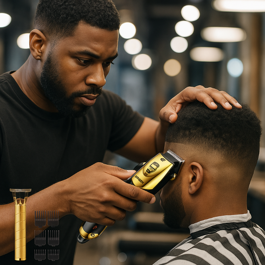 Black barber cutting hair fade with WEEME USB rechargeable clipper set