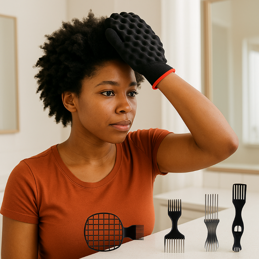 Black woman using 6-piece hair styling comb set with magic curl sponge