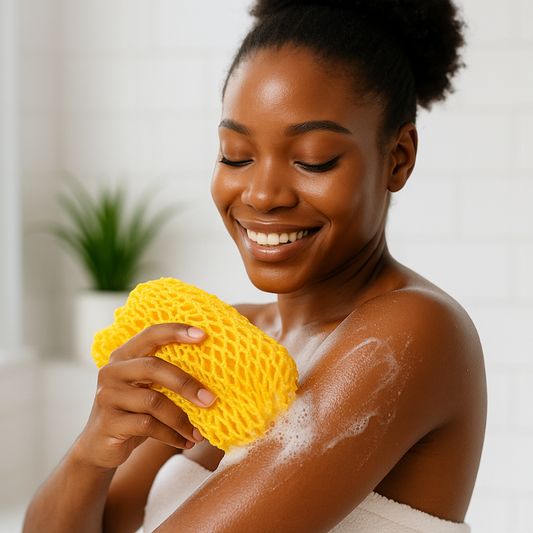 Black woman using African net bath sponge exfoliator