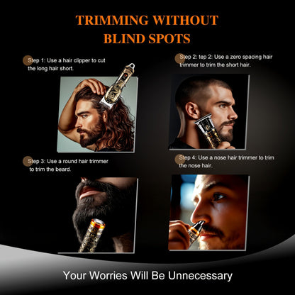 Step-by-step guide on trimming hair with various tools on a dark background.