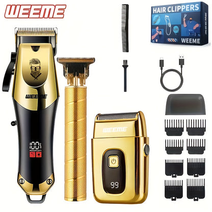 Weeme hair clippers set with gold and black design on a white background