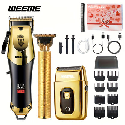 Weeme grooming kit with hair trimmer, shaver, attachments, and packaging on a white background