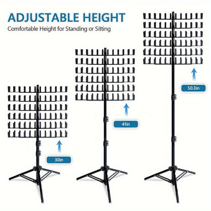 Adjustable height stand with multiple shelves on a white background