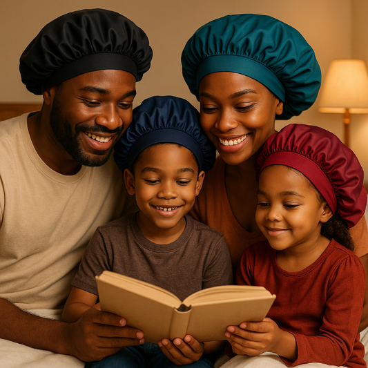 Family lifestyle image with Black family wearing 4-pack satin hair bonnets