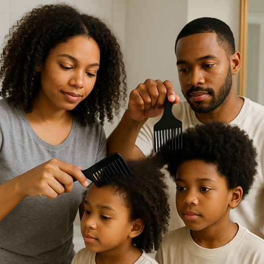 Family using 6-piece wide tooth comb set with combs clearly in hands