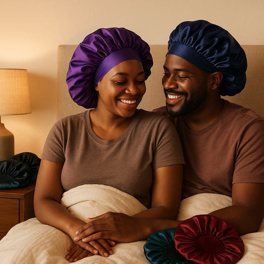 Lifestyle image of Black couple wearing satin sleep caps