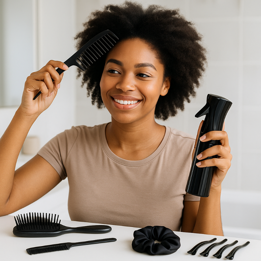 Lifestyle image of Black woman using Professional Hair Care Set