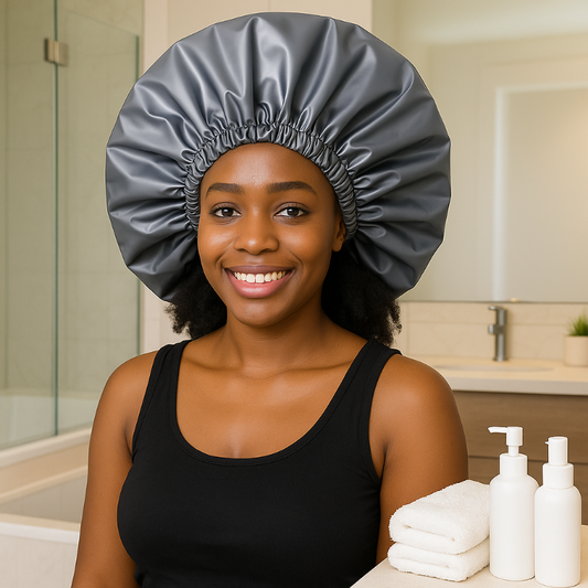 Lifestyle image of woman wearing extra large waterproof shower cap