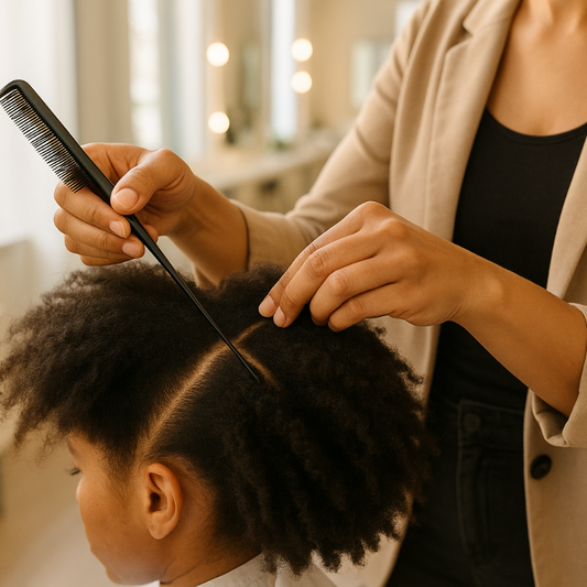 mother parting her daughters hair with a comb
