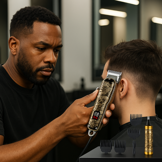 Professional lifestyle image of Black barber using hair clipper kit